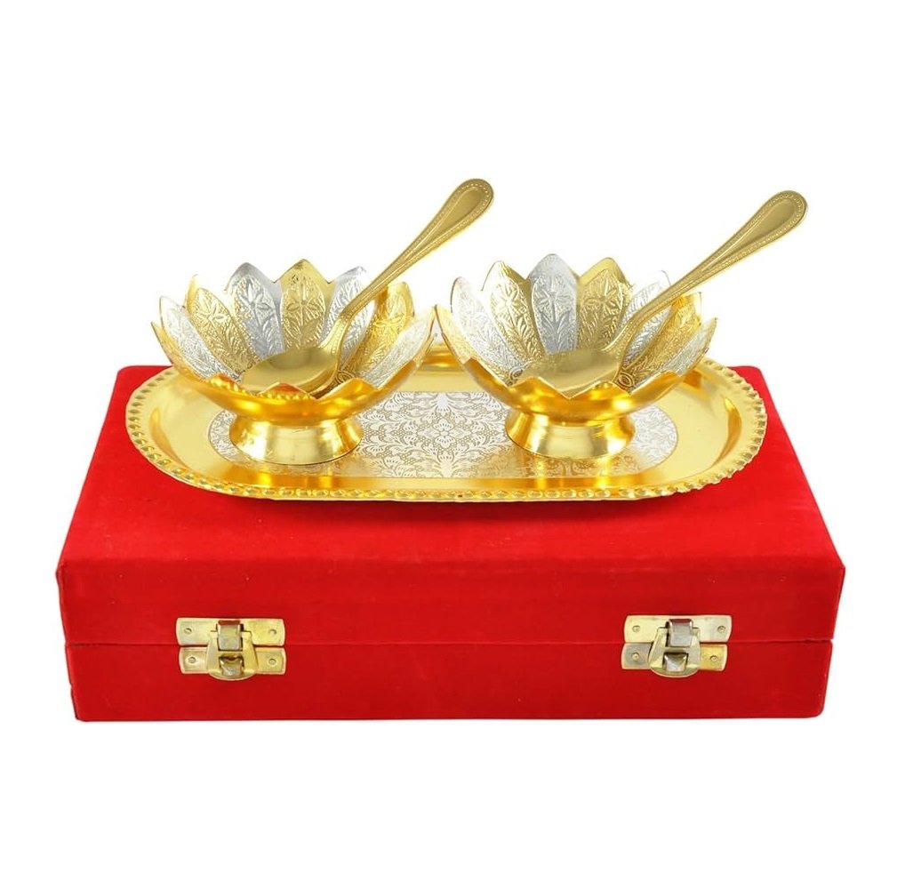 Gold & Silver Plated Floral Bowls and Spoon With Octagan Tray