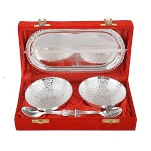 Handicrafts Brass Bowl, Spoon & Tray Set, 5 Piece, Silver 1