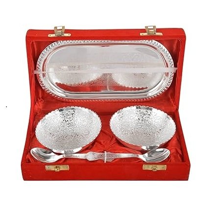 Handicrafts Brass Bowl, Spoon & Tray Set, 5 Piece, Silver