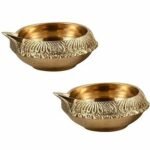 Pure Brass Diwali Diya Indian Pooja Oil Lamp – Golden Engraved Design Dia – 2.5 Inch. (Set Of 2)