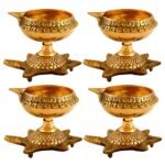 Relikart Handmade Indian Puja Brass Oil Lamp – Golden Diya Lamp Engraved Design Dia With Turtle Base (Pack Of 4)