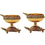 Relikart Handmade Indian Puja Brass Oil Lamp – Golden Diya Lamp Engraved Design Dia With Turtle Base (Pack Of 2)