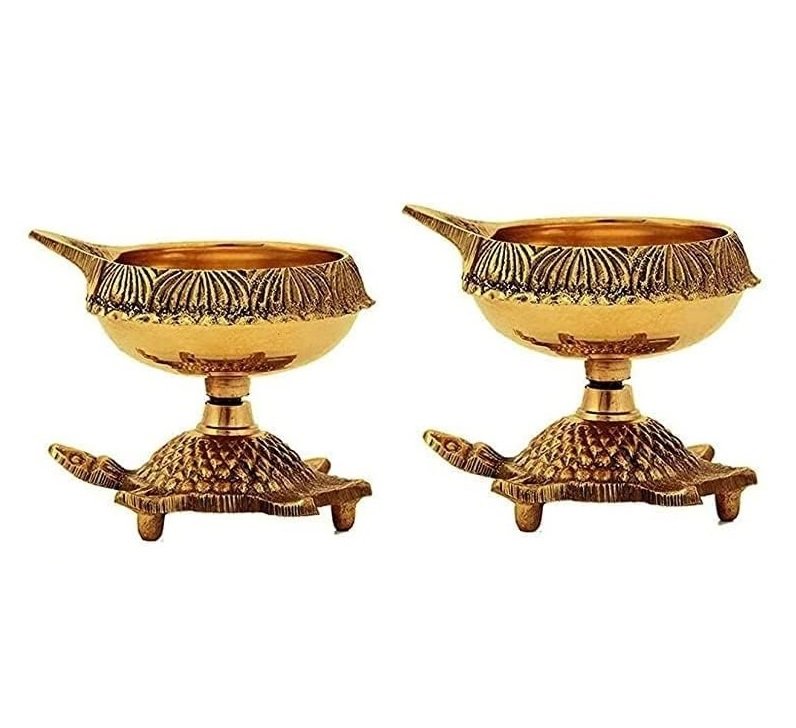 Relikart Handmade Indian Puja Brass Oil Lamp – Golden Diya Lamp Engraved Design Dia With Turtle Base (Pack Of 2)