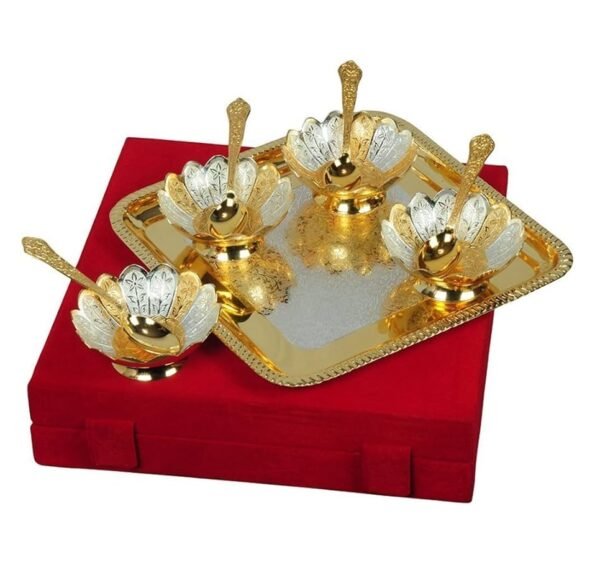 Silver And Gold Plated Floral Shaped Brass Bowl 9 Pcs Set