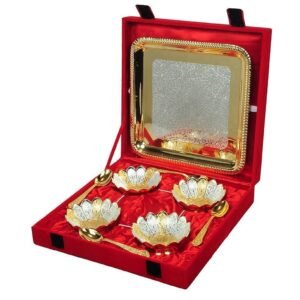 Silver And Gold Plated Floral Shaped Brass Bowl 9 Pcs Set