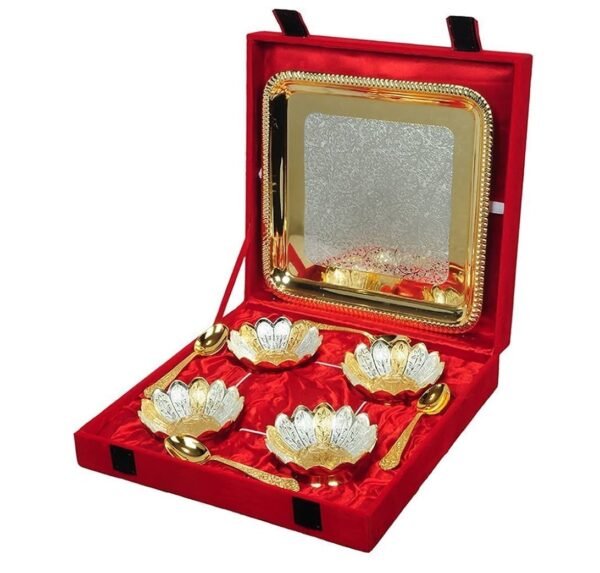 Silver And Gold Plated Floral Shaped Brass Bowl 9 Pcs Set