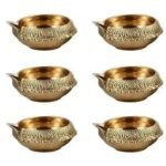 Pure Brass Diwali Diya Indian Pooja Oil Lamp – Golden Engraved Design Día – 2.5 Inch. (Set Of 6)