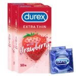 Durex Extra Thin Wild Strawberry Flavoured Condoms For Men-10 count (Pack of 2) (Discreet Packaging)