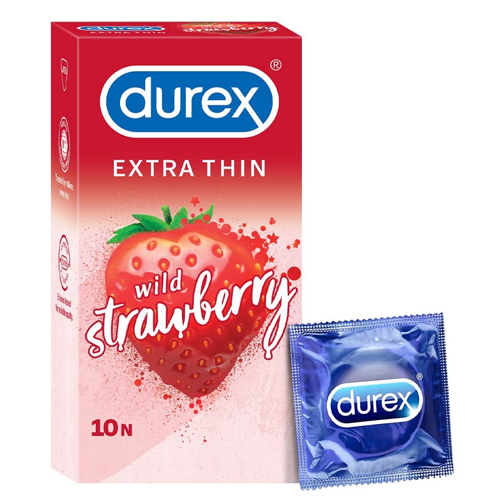 Durex Extra Thin Wild Strawberry Flavoured Condoms For Men – 10s, Pink (Discreet Packaging)