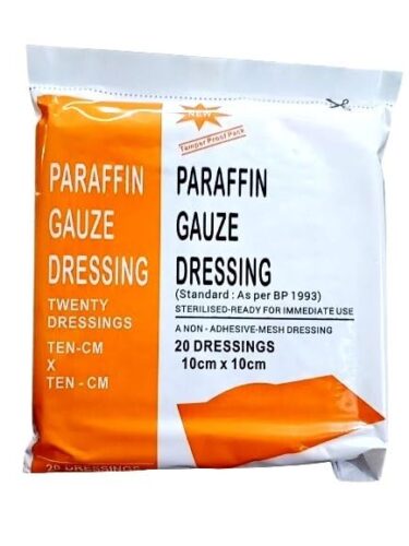 Paraffin Dressing Gauze (Bactigras) 10cm x 10cm Standard Ready For Use_Pack of 20Pcs In Tin box Packing.