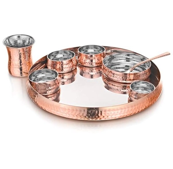 Relikart Indian Style Tableware Copper Steel Dinner Thali Set Of 8 Piece