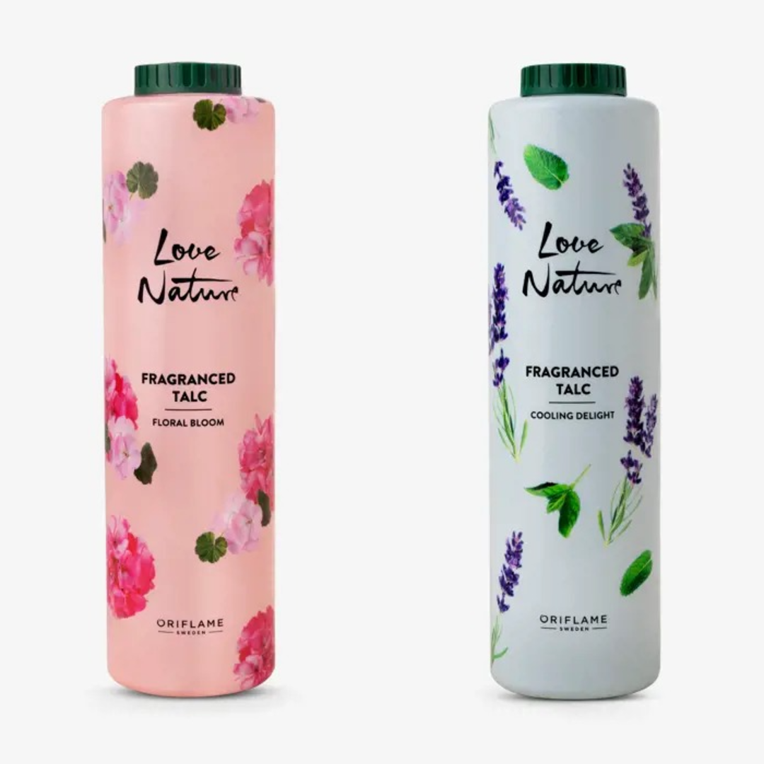 Oriflame Love Nature Fragranced Talc Floral Bloom and Cooling Delight 400g pack of 2 with Free neem comb