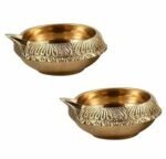 Pure Brass Diwali Diya Indian Pooja Oil Lamp - Golden Engraved Design Dia - 2.5 Inch. (Set Of 2)