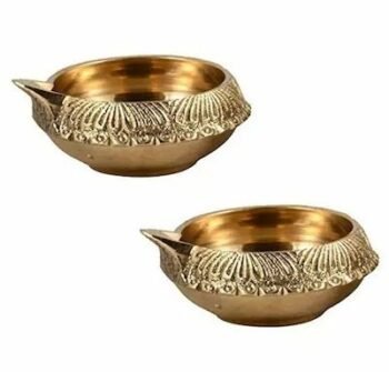 Pure Brass Diwali Diya Indian Pooja Oil Lamp - Golden Engraved Design Dia - 2.5 Inch. (Set Of 2)
