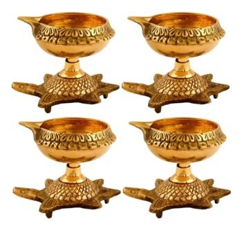 Relikart Handmade Indian Puja Brass Oil Lamp - Golden Diya Lamp Engraved Design Dia With Turtle Base (Pack Of 4)