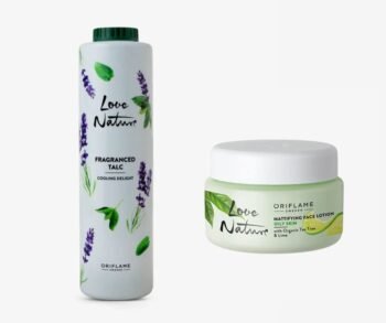Love Nature Fragranced Talc with mattifying face lotion