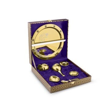 FnS Vandan Pooja Thali Set – 7 Piece Gold Finish Stainless Steel